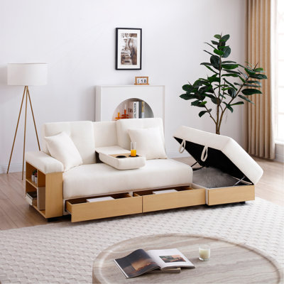 Convertible Sleeper Sofa Couch,Multifunctional Double Folding Sofa Bed,Storage Ottoman and Sofa arm with box and drawer,Drop Down Table with 2Cup Holders for Living room,Apartment,Office,Beige