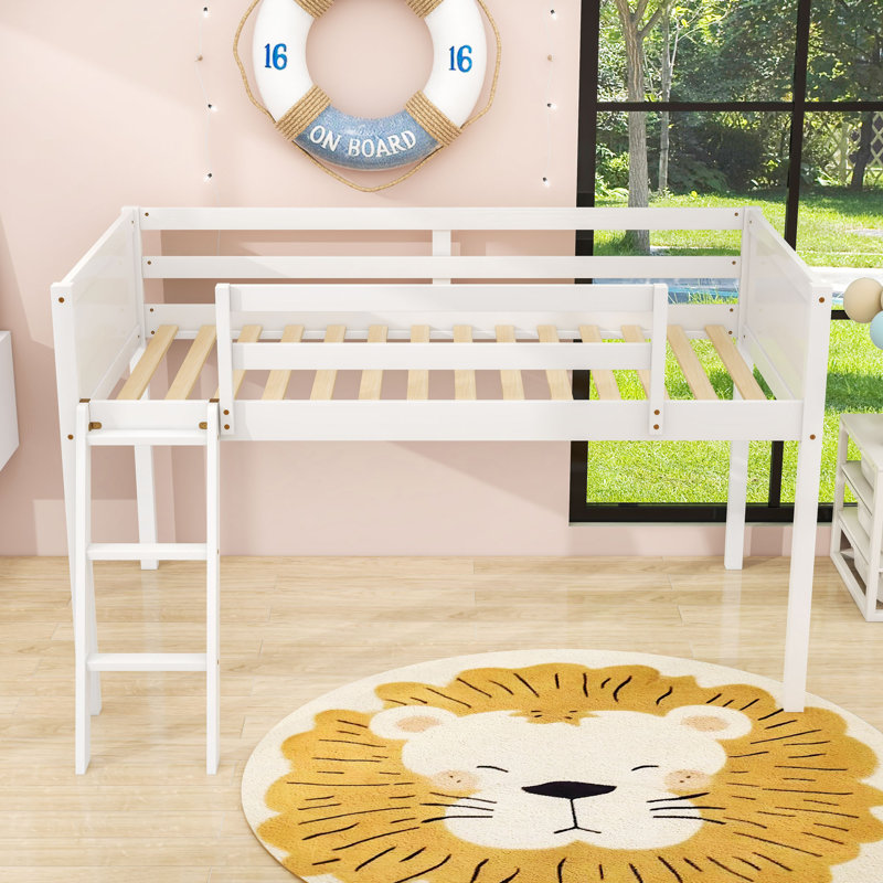 Lit mezzanine simple en bois avec échelle réversible et garde-corps de sécurité, Blanc