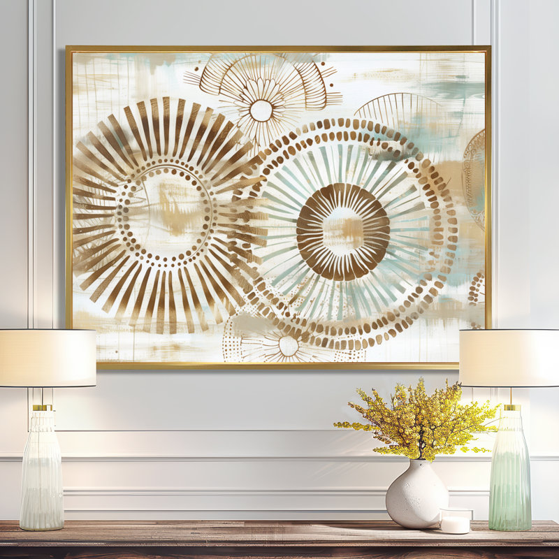 Beige bohémien bohémien mandala spirale I - décoration murale mosaïque boho, Cadre flottant doré, H 12 po x l 20 po