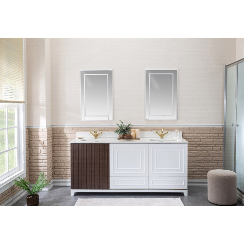 Ensemble de meuble-lavabo double 70,7 po avec miroir Chrisly, Blanc / brun