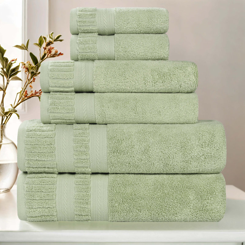 Venice Zero Twist Cotton Medium Weight Soft Absorbent Towel Set, Green, 6 Piece Towel Set