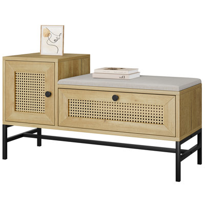 Rattan Shoe Storage Bench with Cushion, Farmhouse Entryway Bench with Flip-Drawer Shoe Cabinet for Hallway, Bedroom or Living Room