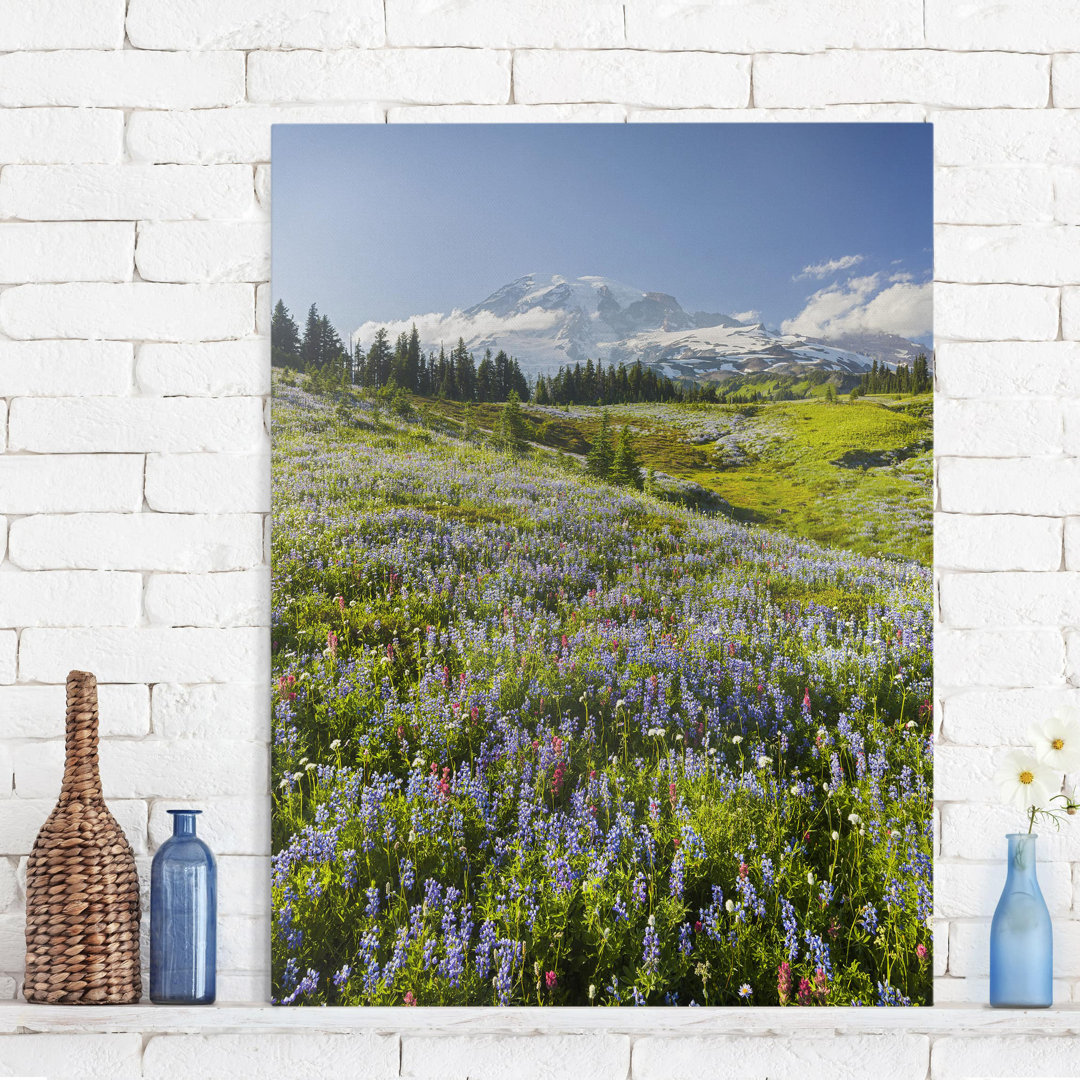 Leinwandbild Bergwiese mit Blumen vor dem Mt. Rainier