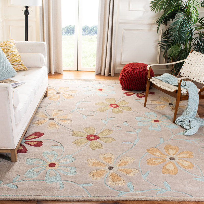 Tapis en laine crocheté à la main à motif floral Elias, Rectangle 8 pi x 10 pi