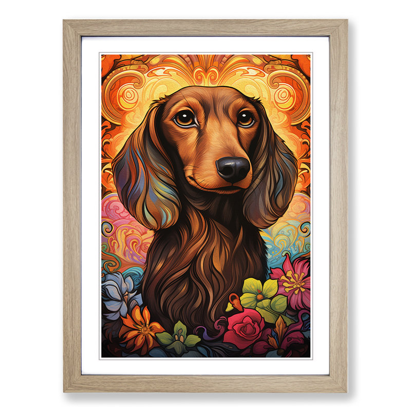 Dachshund Nouveau Framed Print, 46cm H x 34cm W x 2cm D, Oak Framed