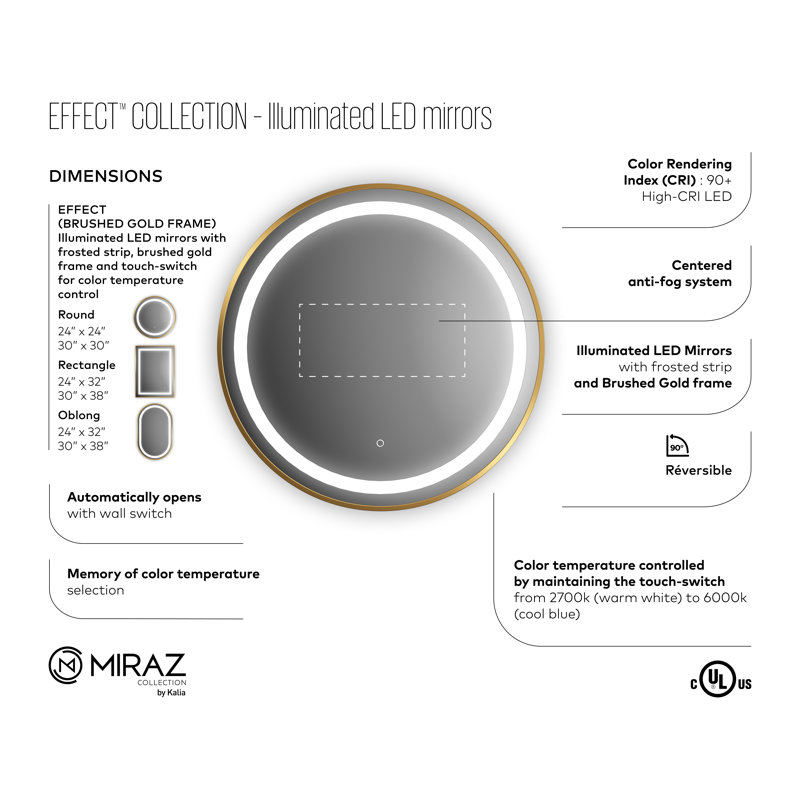 Effect LED-Illuminated Rectangular Mirror Brushed Gold Frame with Frosted Strip, 32" H x 24" W x 1.5" D