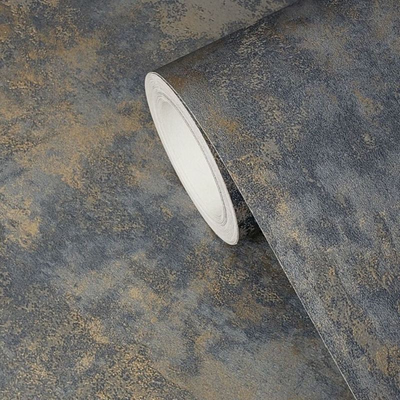 Teyang Wallpaper Rustic Navy Blue Gray Gold Plain Faux Concrete Plaster