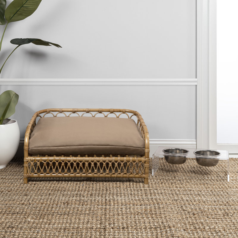 Lit de jour pour chien en rotin tissé à la main avec coussin lavable à la machine 27,5 po x 17 po, Brun