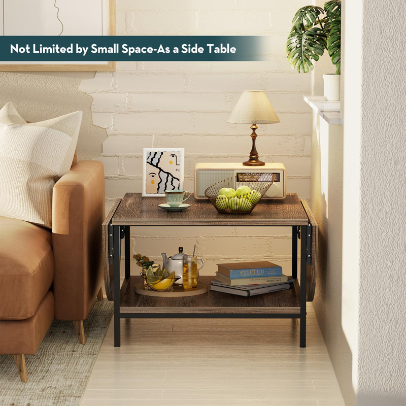Rustic Brown Oval Extendable 2-Tier Coffee Table with Metal Legs