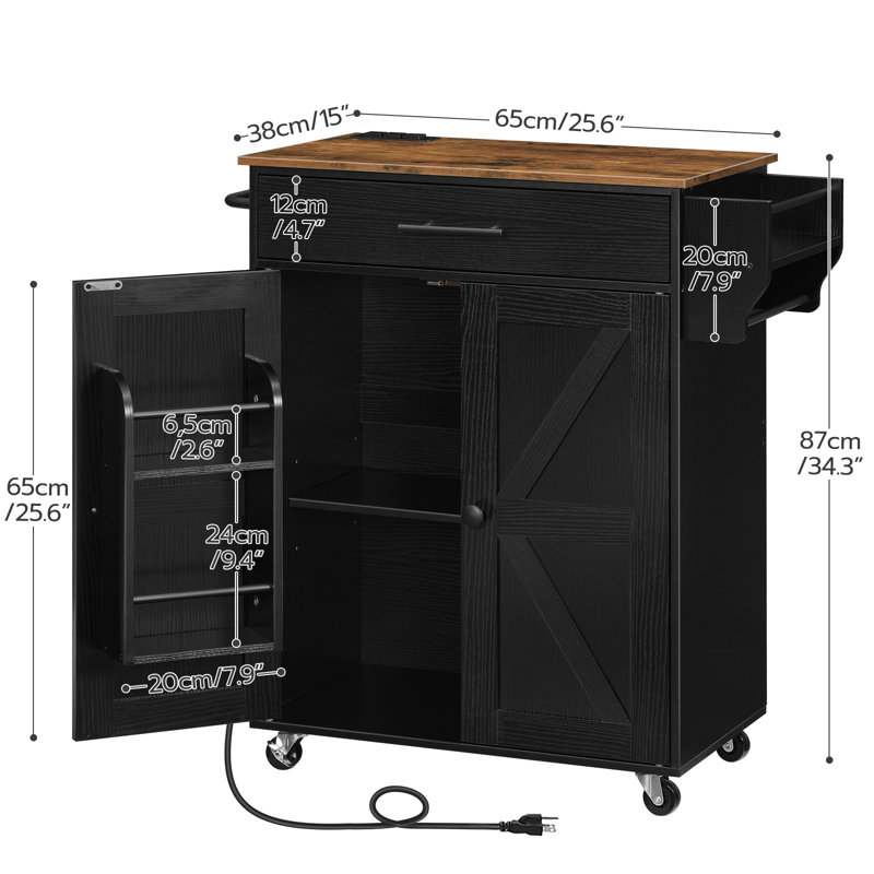 Laimondas 34.3" Kitchen Island with Storage and Power Outlet, Rustic Brown/Black