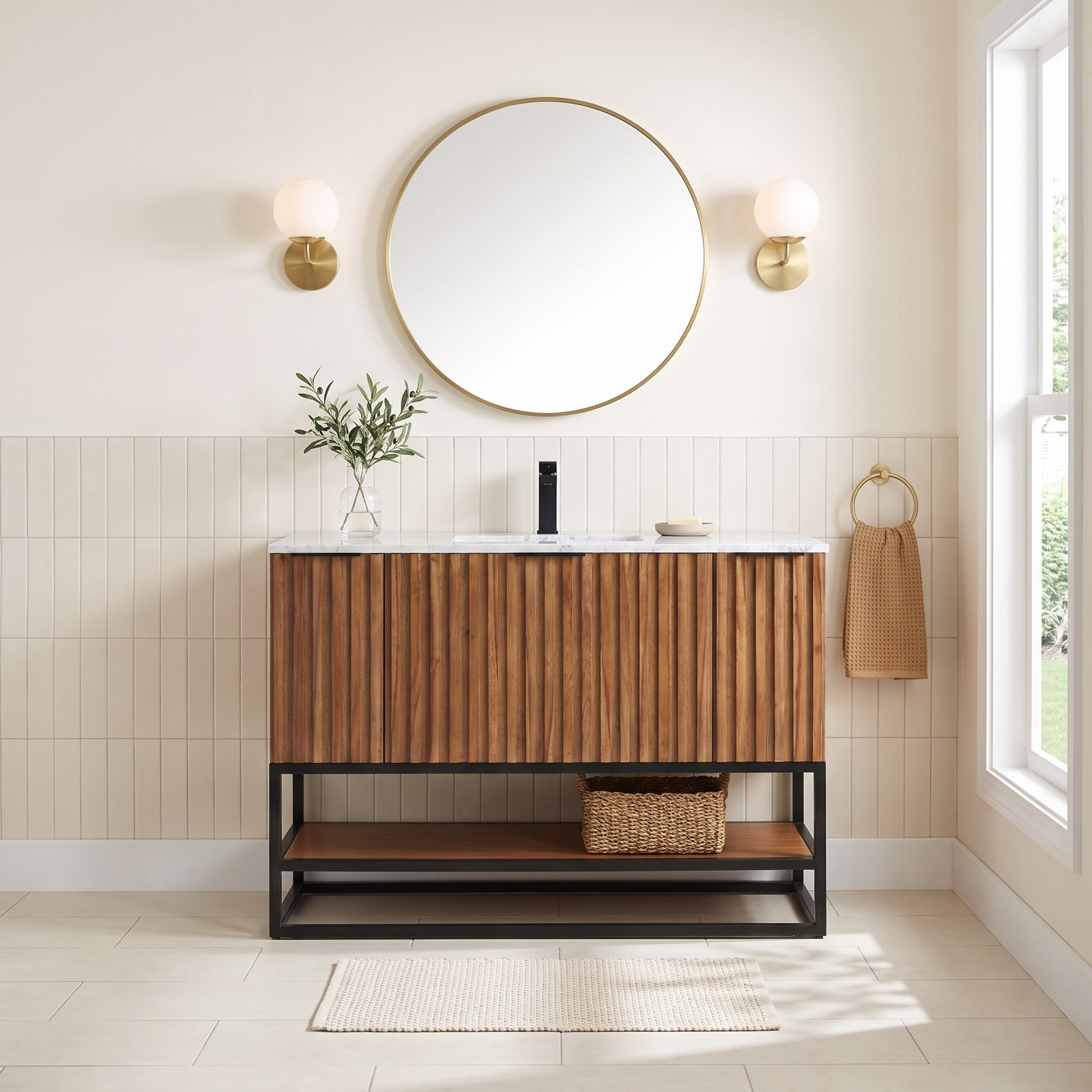 Terra 48" Carrara Marble Single Bathroom Vanity, Carrara Marble/Single Faucet Mount, Walnut, Matte Black