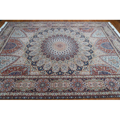 Hand Knotted Wool Silk Tabriz Gonbad Rug 8x12, Geometric Medallion Carpet