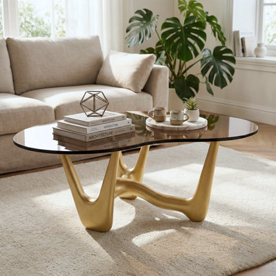43" Abstract Triangle Glass Coffee Table with Sculptural God Base