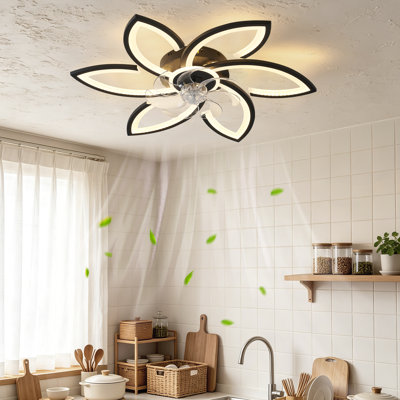 Ventilateur de plafond noir à motif floral de 76 cm avec éclairage, ventilateur de plafond moderne encastré à DEL avec télécommande et application de contrôle, ventilateur de plafond discret à intensité variable et 6 vitesses pour chambre, cuisine et salon