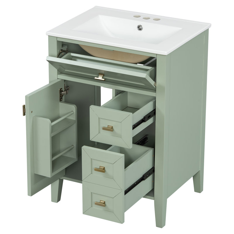 Meuble-lavabo simple autoportant vert 24 po avec lavabo et rangement en céramique, Light Green