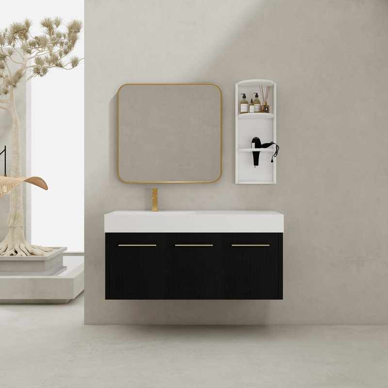 Armoire de salle de bain combinée avec meuble-lavabo de 48 pouces, lavabo en résine épaisse, support de rangement séparé et armoire principale en châtaignier noir, finition grattée, givré