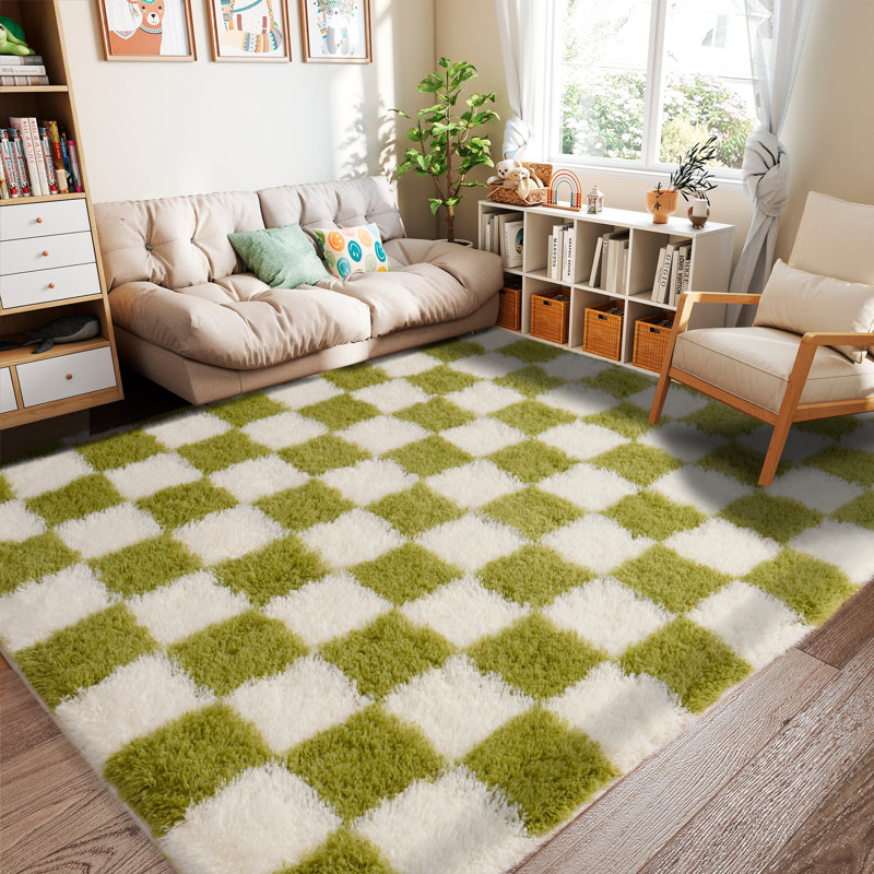 Checkered Fluffy Rug 5x7 Ft Washable Shaggy Fluffy Rug for Bedroom Living Room Plaid Runner Rug Fuzzy Shag Carpet Non-Slip for Kids Toddler Room Nursery Playroom