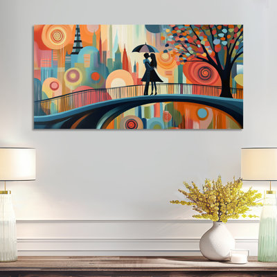 «Blue in Paris in the Rain Romantic Couple Umbrella», impression d'art sur toile encadrée bleue