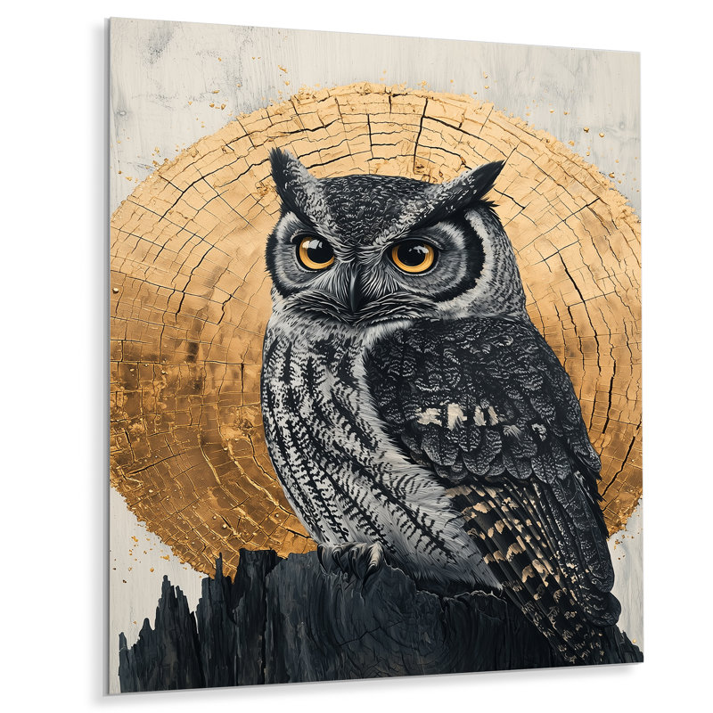 «Dalk Owl Into Golden Forest Landscape I», impression murale en métal hibou, H 20 po x l 12 po