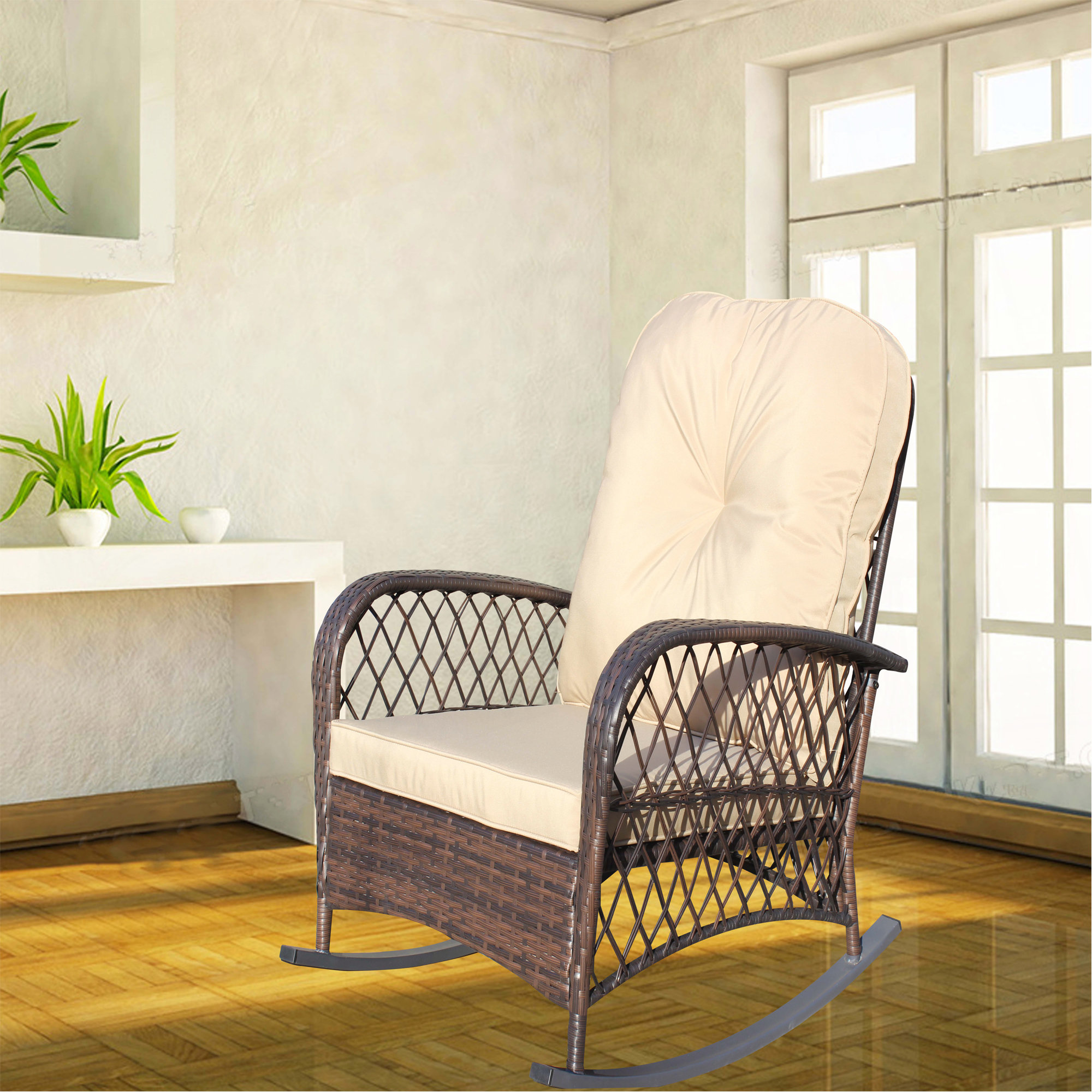 Mr Hua Outdoor Wicker Rocking Chair With Wide Seat, Thick, Soft