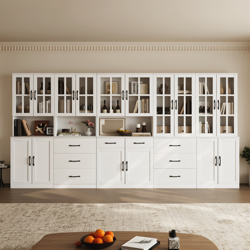 Bibliothèque 71 po H x 126 po avec portes en verre et grands tiroirs de rangement, Blanc