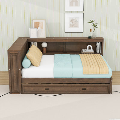 Full Size Wood Daybed with Twin Trundle, LED Lighting and Built-In Charging Station