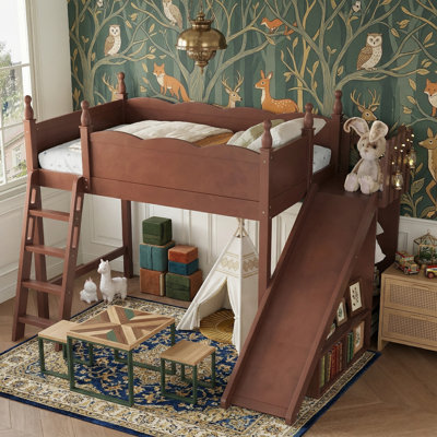 96.77" Twin Size Wood Loft Bed With Detachable Slide & Wardrobe - Storage Shelves & Dual Ladders - Pink & White Patent Design - Solid Wood Frame