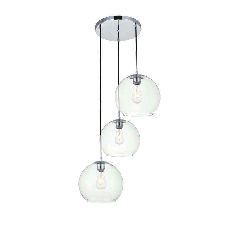 Luminaire suspendu sphérique pour îlot de cuisine à trois lumières avec accents en verre Snead, Chrome, Transparent