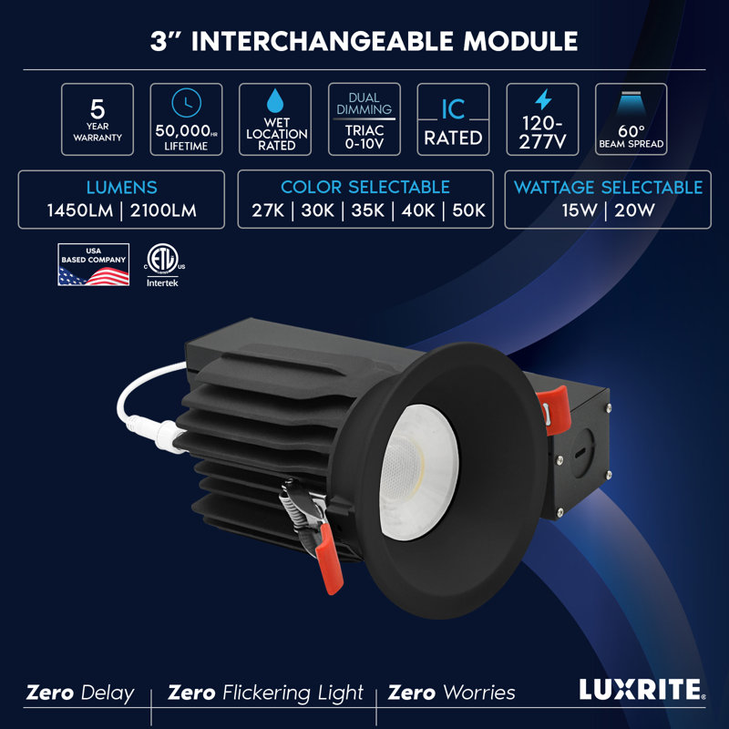 Luxrite 3 po Éclairage encastré à DEL sans cadre avec bordure ronde noire interchangeable étroite, CRI90, 15 / 20W, 1450 / 2100LM, à intensité variable, faisceau de 60 °, calibre humide