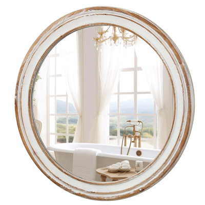 24.25 In. Round Mirror For Home, Office. Wooden Style With Whitewash Edge. Quality Reflection. Effortless Installation Bedroom, Entryway. Edge Mirror. Crystal Clear Easy Method