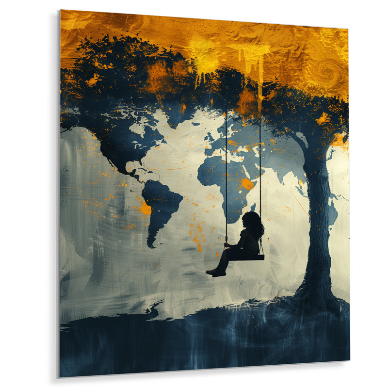 Jaune jaune noir carte du monde aire de jeu Silhouette II - carte du monde décoration murale, Sans cadre, métal