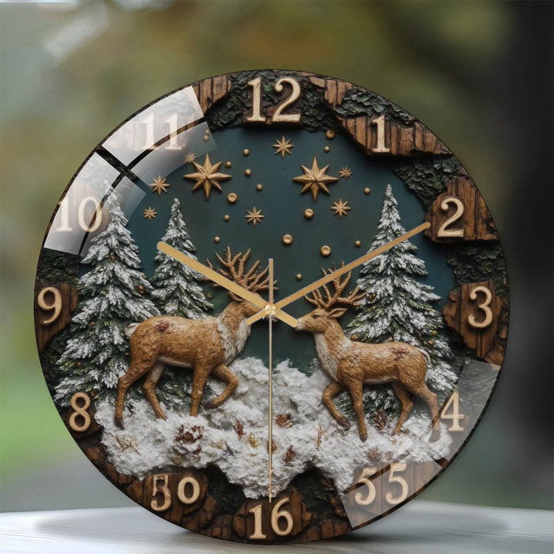 Winter-Deer-Clock-Face-With-Stars Art - 12'' Modern Glass Wall Clock
