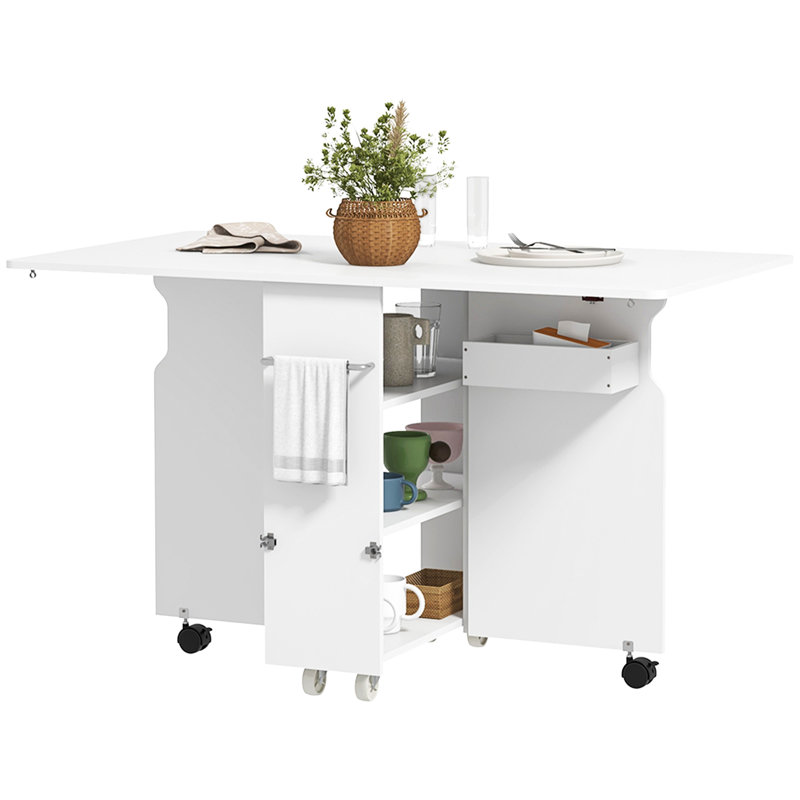 Foldable Dining Table, Rolling Drop Leaf Table with Box, Shelves