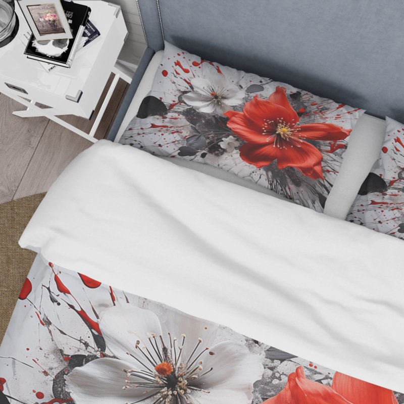 Ensemble de housse de couette en microfibre / polyester Red Gray Botanical Symphony I Bedding