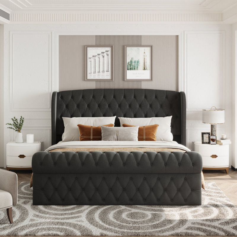 Mieya Velvet Upholstered Sleigh Bed with Scroll Wingback Headboard and Footboard, King, Black