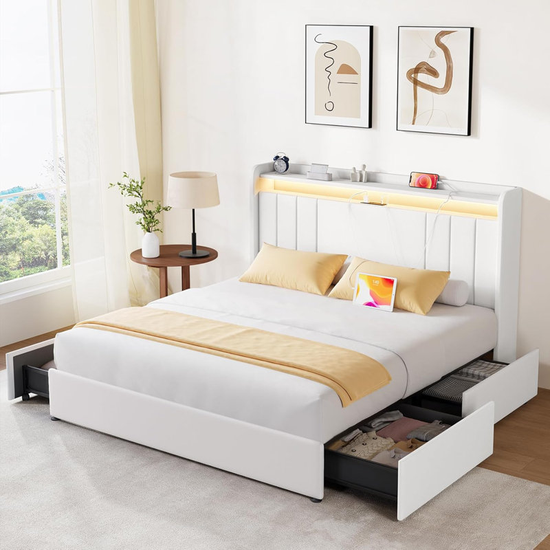 Bed Frame With Rgb Led Lights, Upholstered Bed With Drawers And Charging Station, Full, White