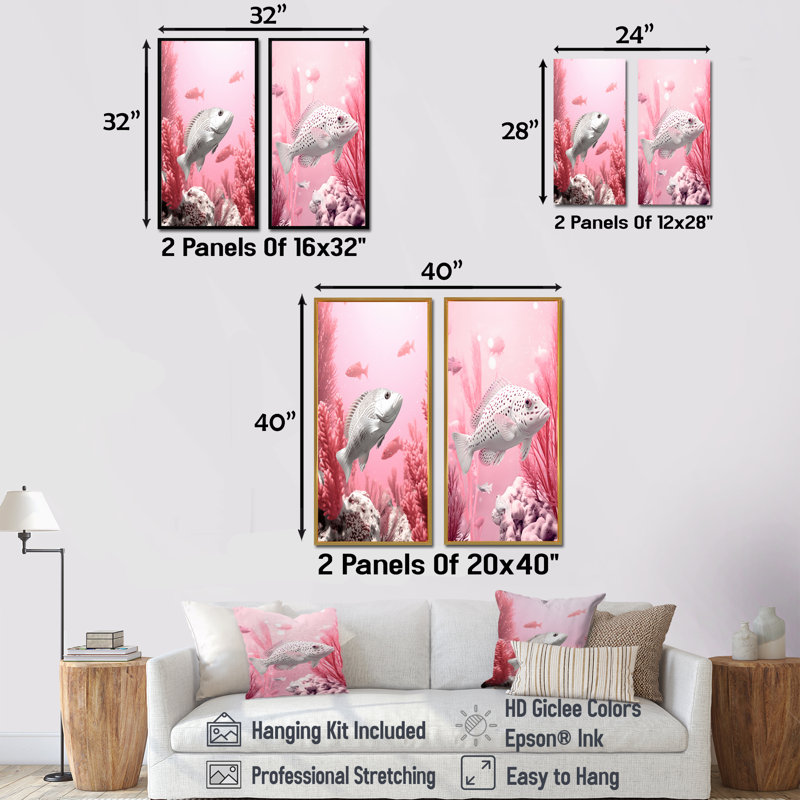 Ensemble de 2 impressions sur toile monochromes roses et blanches - corail sous l'eau, Cadre flottant blanc