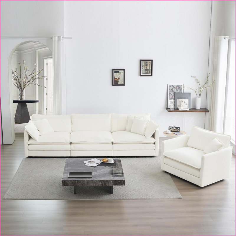 Canapé modulaire moderne 3 pièces 1 + 3 places pour le salon | Blanc neige | Chenille, Chenille blanche
