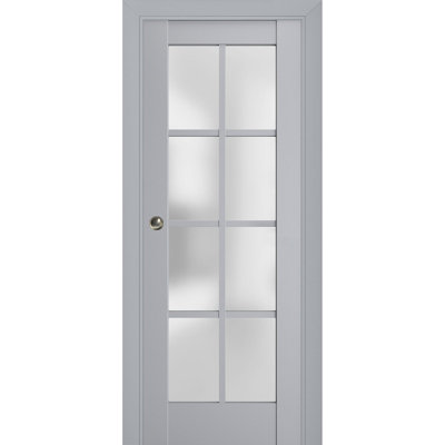 Pocket Door with Frosted Glass Veregio 7412 Matte Grey Kit Trims Rail Hardware Solid Wood Interior Bedroom Sturdy Doors-32" x 80"