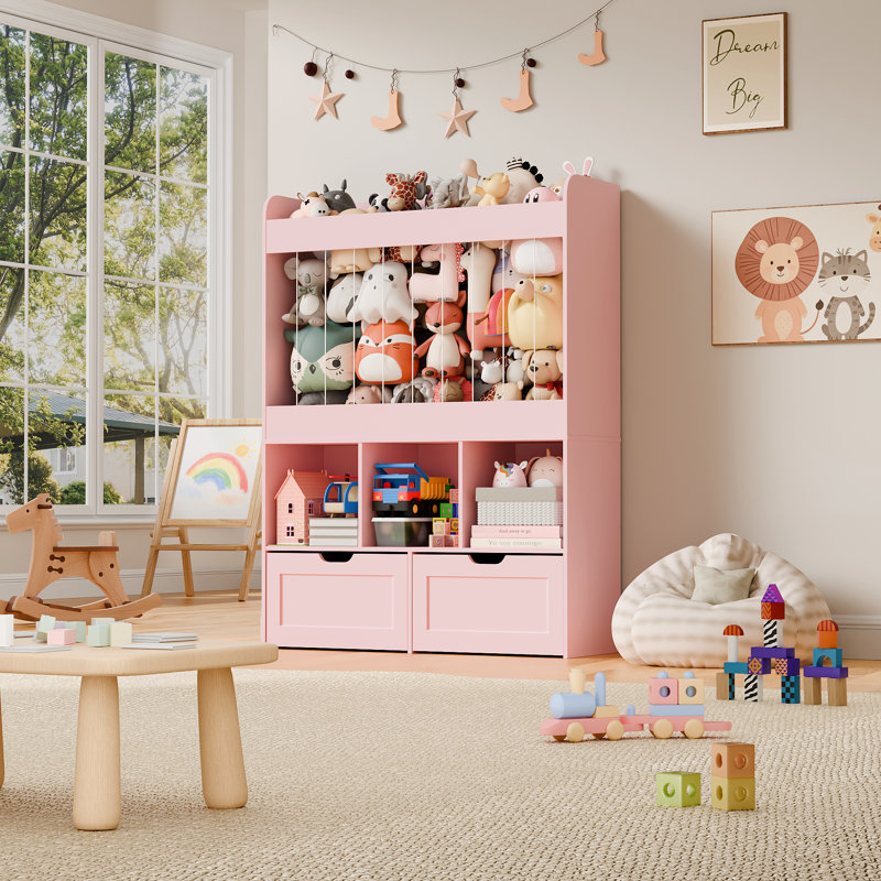 Boîte de rangement pour jouets H 51,7 po, rangement pour animaux en peluche de grande capacité avec 2 tiroirs de rangement mobiles, 3 cubes de rangement, bibliothèque pour chambre d'enfant, salle de jeux (rose)
