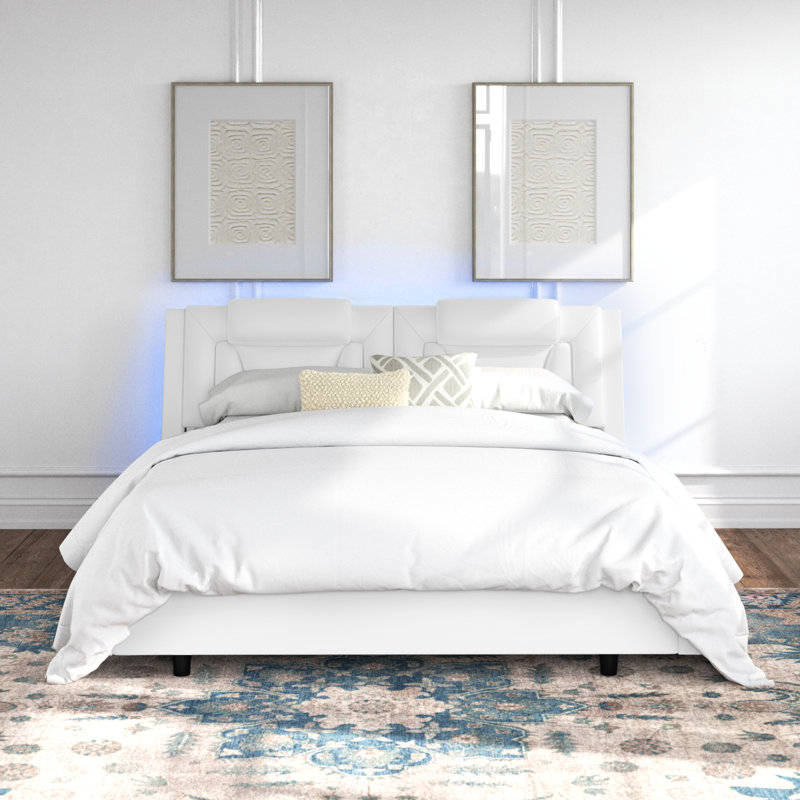 Belarmina PU Upholstered Low Profile Platform Bed with LED Light, White, Queen