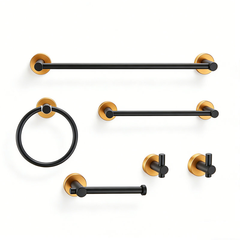 Modern 6-Piece Bathroom Hardware Set,Black Gold Space Aluminum(24"&16"Towel Bars), Matte Black/Brushed Gold