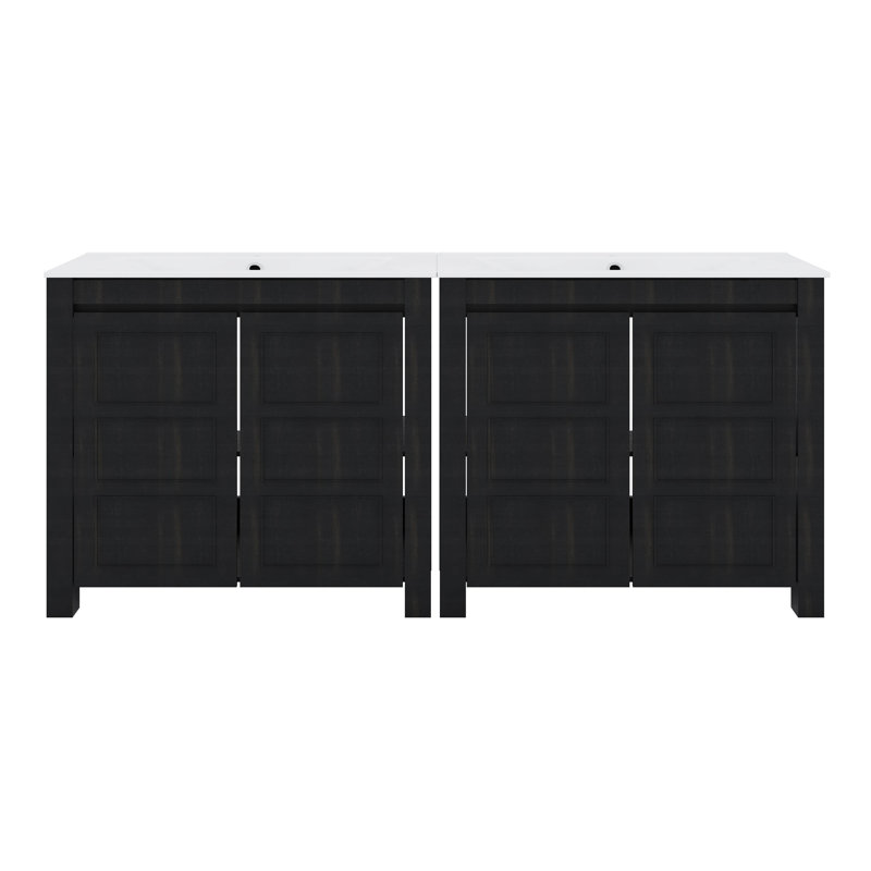 Ensemble de meuble-lavabo 72 po comprenant deux meubles-lavabos indépendants, deux lavabos en céramique, des portes à fermeture silencieuse, une tablette réglable et une armoire de rangement
