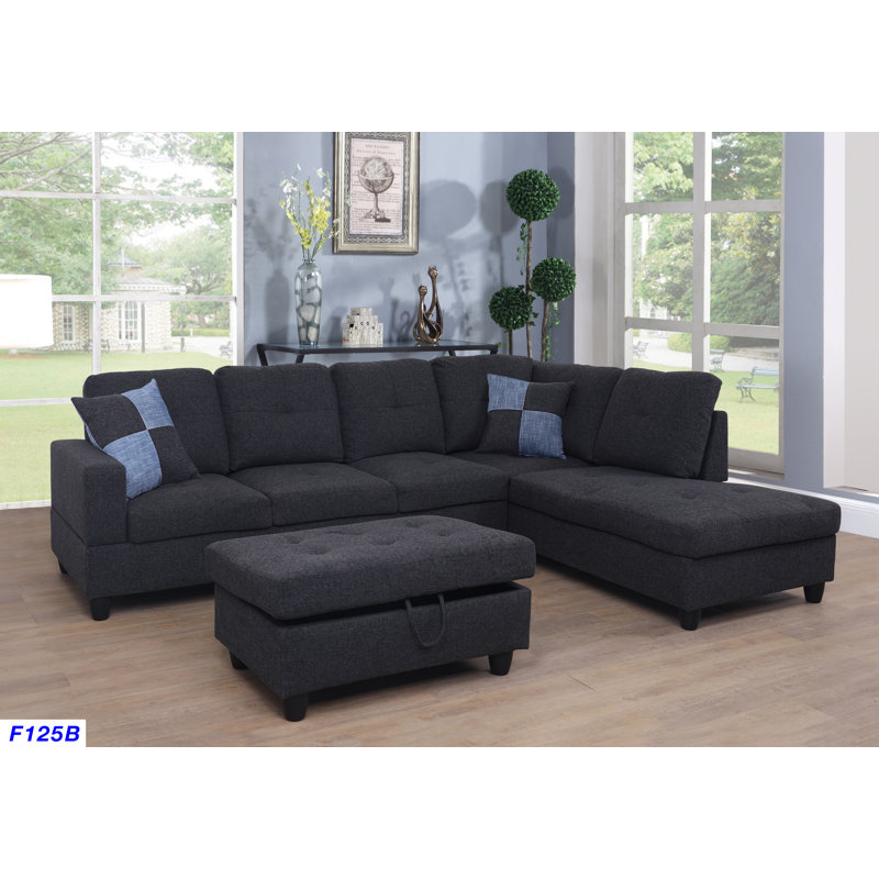 Jessica 103.5" Wide Sectional Sofa & Chaise with Ottoman, Black Gray Linen Blend, Right Hand Facing