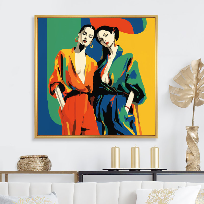 Orange et vert mexicain Romance of Women I - art mural mexicain, Cadre flottant doré, H 36 po x l 36 po x P 1,5 po