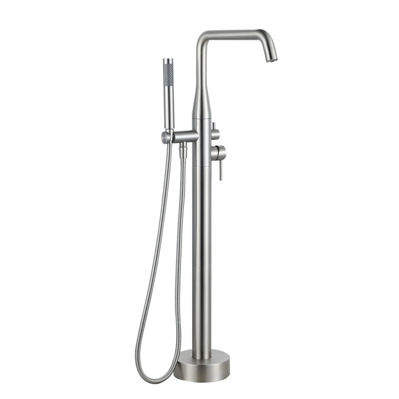 Double Handle Floor Mounted Freestanding Tub Faucet With Handheld Shower In Brushed Nickel, Brushed Nickel