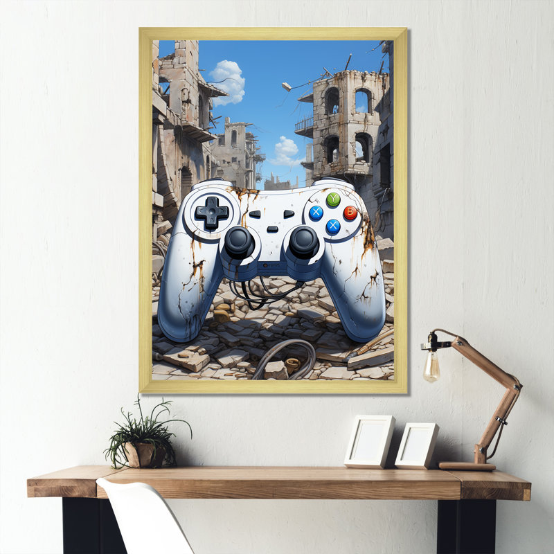 «White Ps Controler Paradise Ruins», art mural jeux vidéo, Cadre doré simple, H 32 po x l 24 po x P 1 po