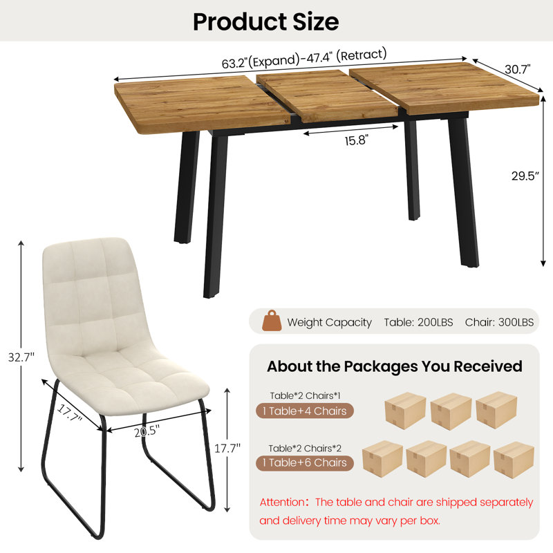 Ensemble de salle à manger de cuisine moderne 7 pièces, table de salle à manger extensible de 47,1 po à 63,1 po avec 6 chaises rembourrées 