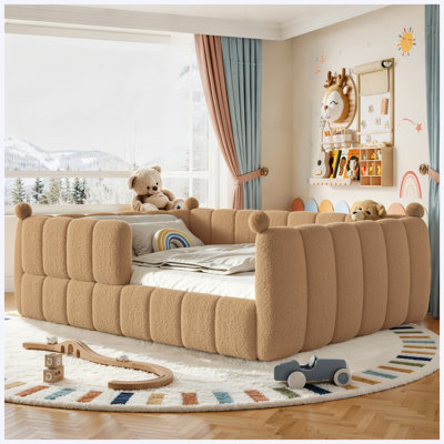 Natural Queen Size Kids Upholstered Montessori Floor Bed with Full Safety Rails, Low-Profile Child Bed Frame