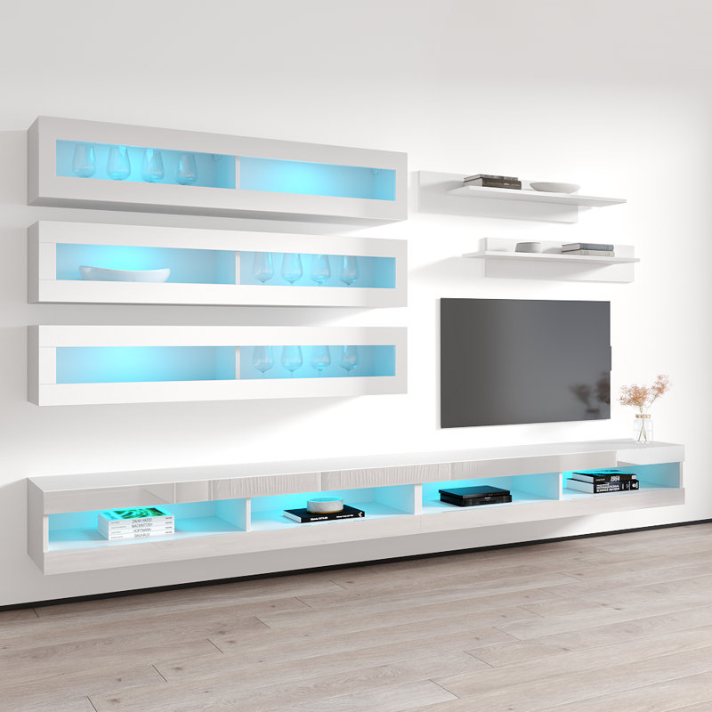 Catania 126" Modern Floating Wall Mounted Entertainment Center with 16-Color LED Lighting, High Gloss Finish, White